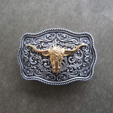 Western Flower Pattern Bull Head Belt Buckle